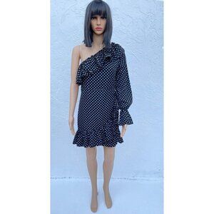 Nasty Gal Collection Womens Ruffle One Shoulder Polka Dot Dress Black Sz 4
